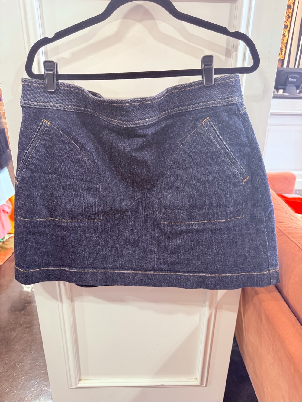 SPANX Dark Blue Denim A-Line Mini Skirt